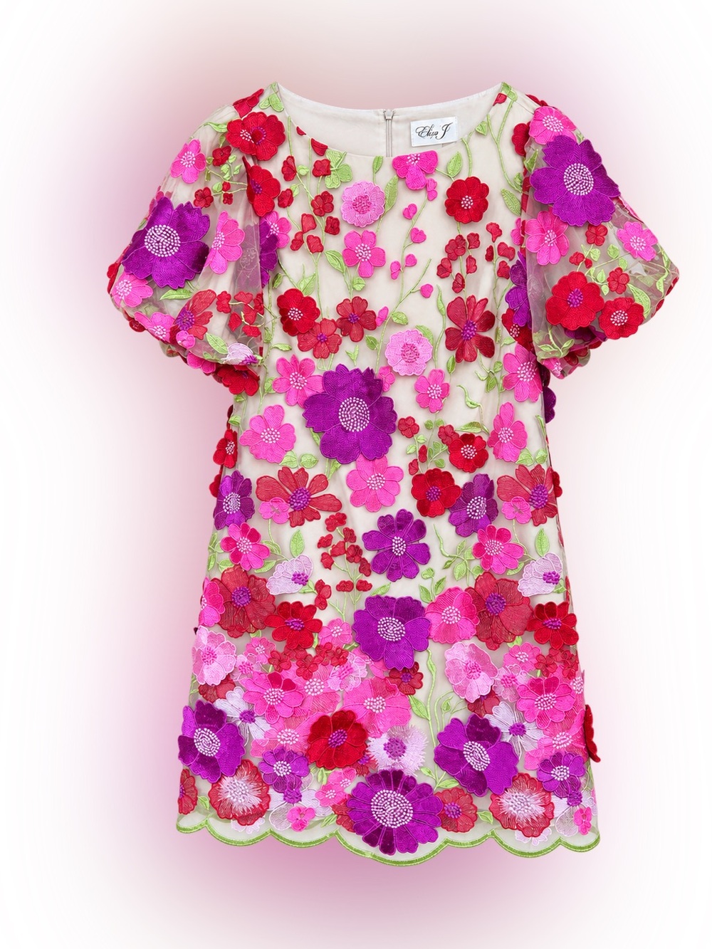 Eliza J 3D Floral Embroidered Mesh Dress Pink 8P Petite